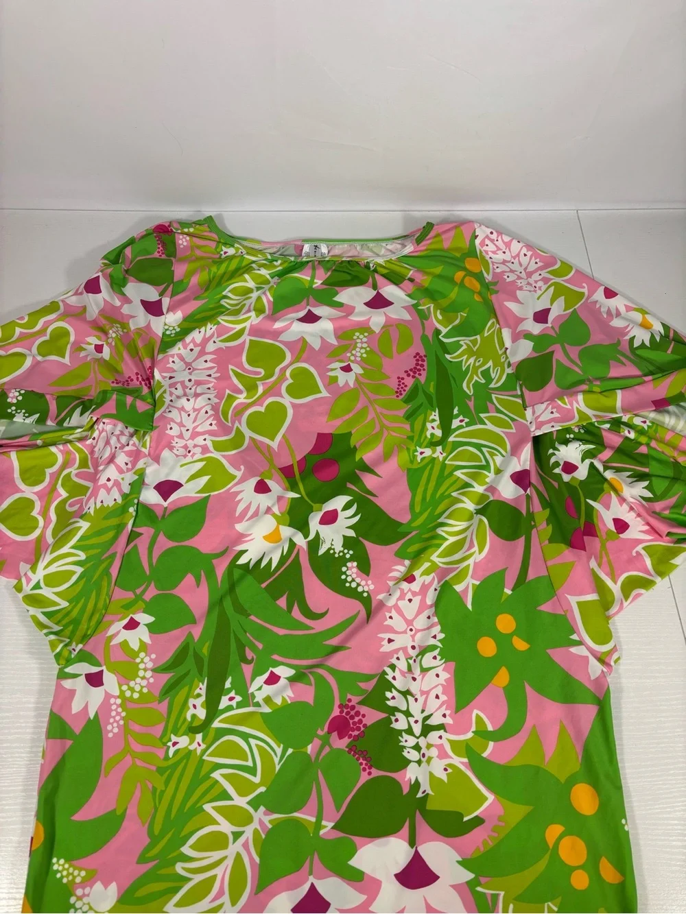 Trina Turk Tropical Floral Swim Cover Up Dress Pink Green Split Sleeve XL